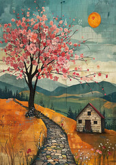 mix media spring  landscape themed  collage background
- 745661052
