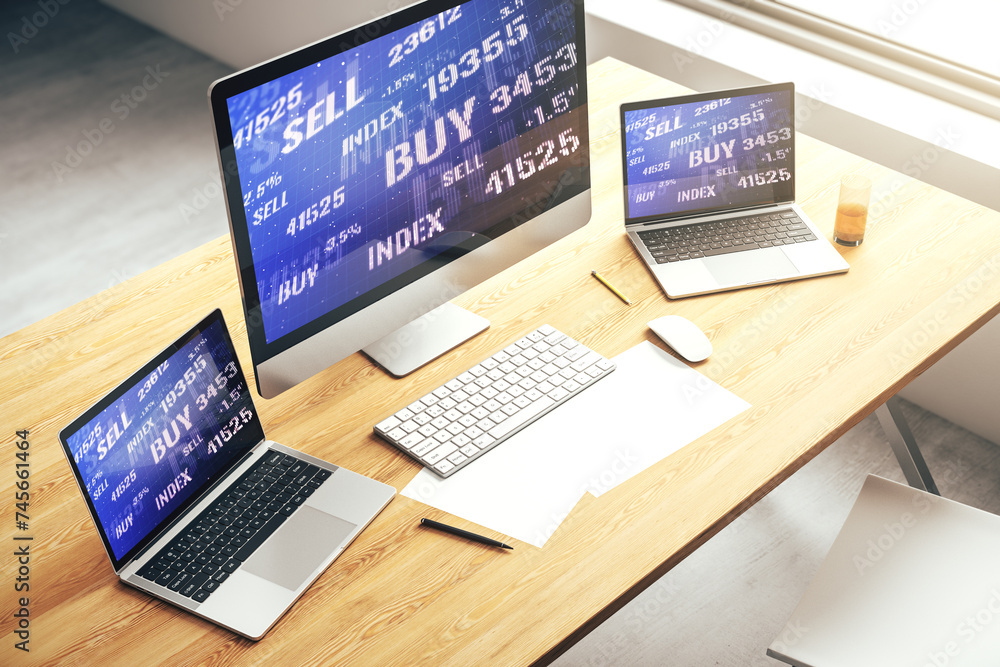 Poster abstract creative financial graph on modern laptop screen, forex and investment concept. 3d renderin