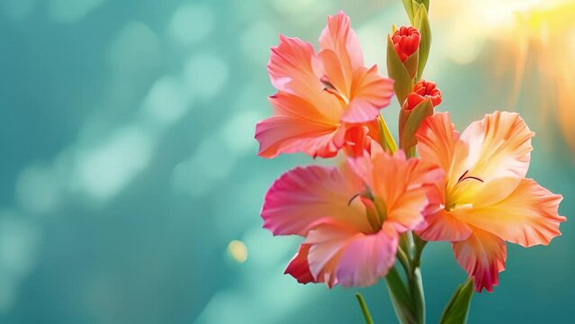 Gladioli, sword-Lilies, multicolored gladioli bloom the blue sky with sunlight shining. Close-up of gladiolus flowers. Bright gladioli bloom in summer. Large flowers and buds 4k video