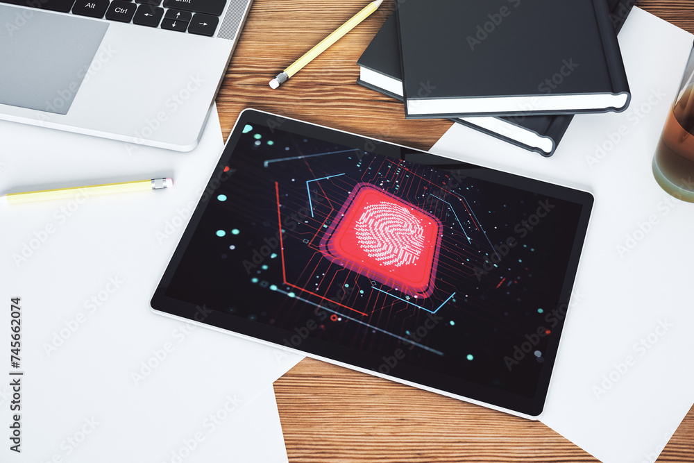 Poster abstract creative fingerprint hologram on modern digital tablet screen, protection of personal infor