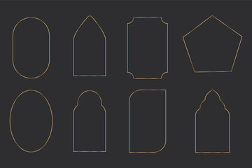 Set thin line golden minimal frames geometric shapes, arch border, elegant deco isolated on dark background. Simple luxury vintage.