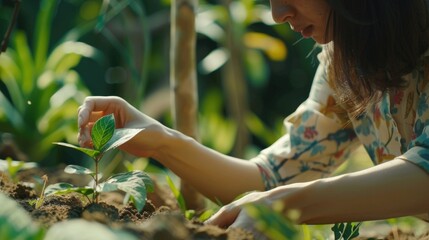  Close-up of hands planting a young tree in fertile soil, relationship between humans and nature, people in close interaction with nature, such as growing plants, touching natural materials, 