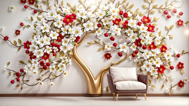 A white and red blossom tree in a gold vase is painted on the wall.