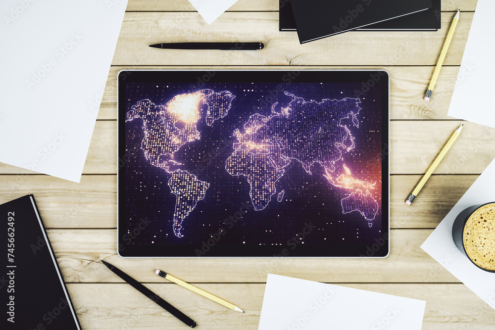 Poster top view of abstract world map on modern digital tablet screen, big data and blockchain concept. 3d 