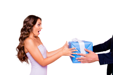 Profile side view of glad nice attractive cute gorgeous cheerful bright vivid shiny stylish wavy-haired girl in cocktail dress, receiving gift, isolated over pink background