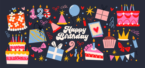 Set cartoon birthday stickers. Holiday gifts, balloons, cake. Retro gifts, celebration labels.Funky hipster stickers in 90s style. Vector happy birthday set, trendy promo labels