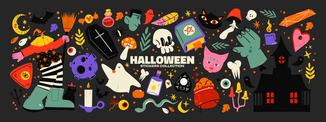 Cartoon halloween stickers in 90s groovy style. mummy character, hat, cat, coffin, bat, ghost, pumpkin, etc. retro halloween elements	