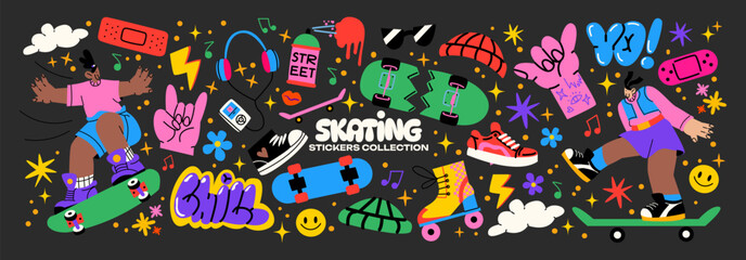 Retro skater stickers in 90s cartoon style. Skateboarding badges, rollers, vinyl, vintage, UFO. Hippie acid groovy y2k, nostalgia vector shapes © Limpreom