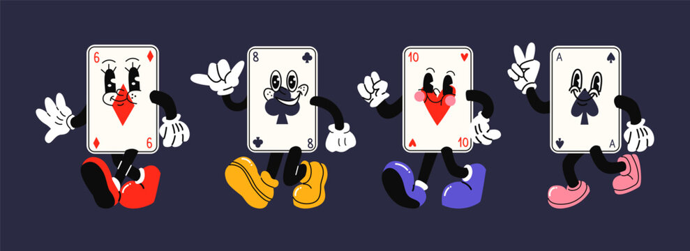 Playing cards characters. Deck of playing cards for poker and casino. Groovy mascot with gloved hands. Gambling bright vector poster