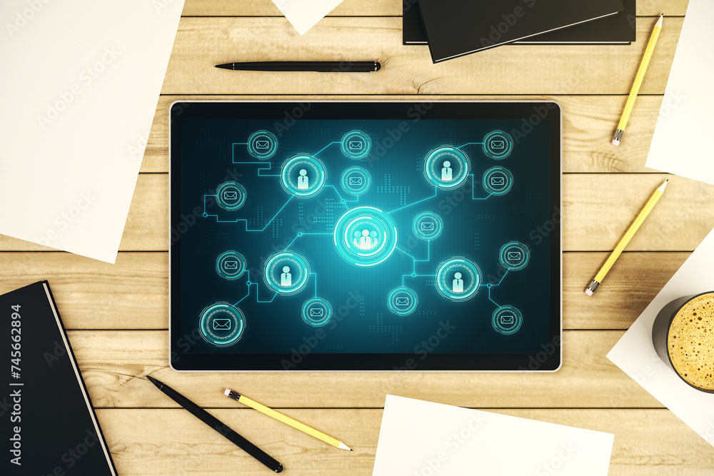 Aufkleber Modern digital tablet monitor with social network icons concept. Marketing and promotion concept. Top view. 3D Rendering