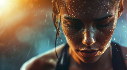 Woman, breathe and athlete relax after an intense exercise in rain for fitness, workout or training. Fit female, sweat and exhausted person after cardio for mental health, wellbeing and motivation