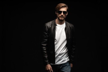 Fototapeta na wymiar Fashion man, Handsome beauty male model portrait wear sunglasses and leather jacket, young guy over black background
