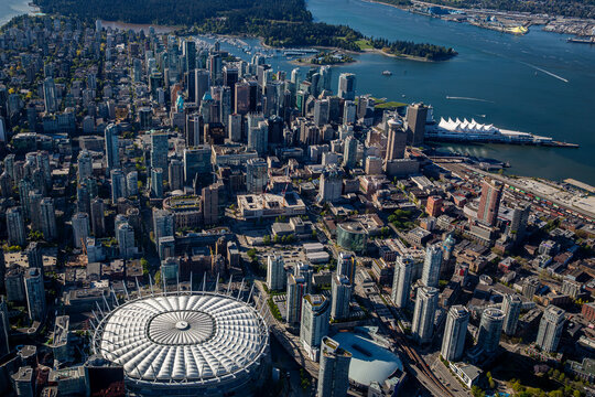 Canada, British Columbia, Vancouver, Aerial view ofBC Place stadium and surrounding skyscrapers