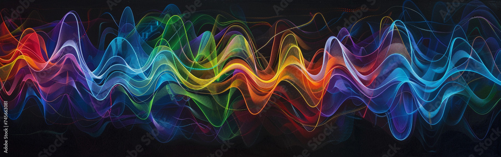 Poster abstract depicting neon lines that resemble sound wave, colorful abstract wave design with glowing l