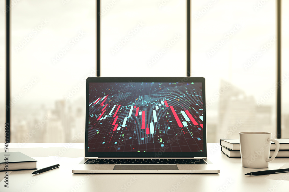 Poster modern computer monitor with creative abstract global crisis chart with world map hologram. financia