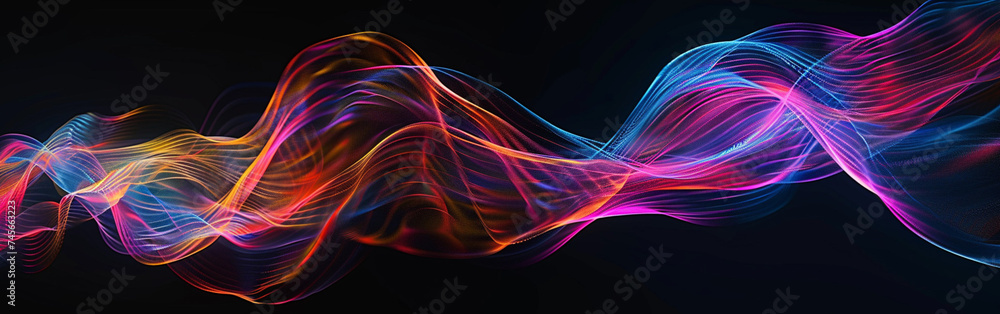 Poster abstract depicting neon lines that resemble sound wave, dynamic blue flame abstract background with 