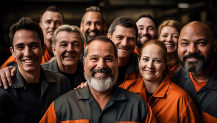 Group of happy smiling industrial workers posing. Selfie of a team of engineers and builders. Diverse and mixed group of sanitation workers working together as a united team - obrazy, fototapety, plakaty