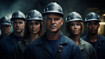 Group of people wearing hard hats in industrial background, Workers gathering together. construction worker at construction site. Miners in dirty work clothing