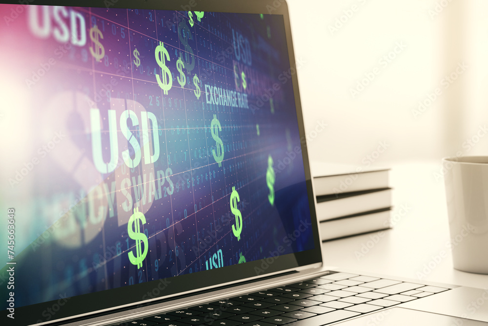 Poster modern computer monitor with creative usd symbols hologram. banking and investing concept. 3d render