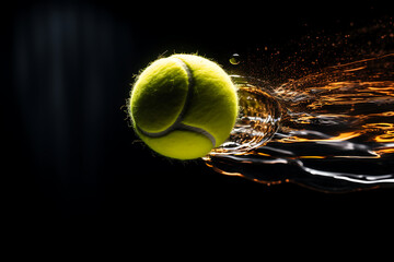 Tennis ball flying in the air on a black background with splashes