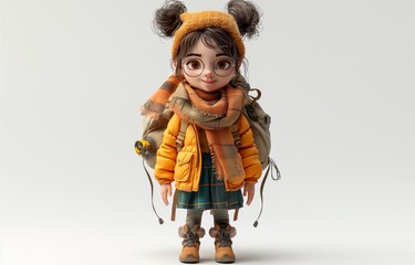 3d character little girl with a backpack, traveling. Generative AI