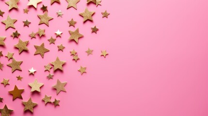 Shiny particles of golden color in the shape of stars on a pink background. Glowing sparks, festive background, greeting card. Mysterious and mystical background.