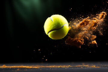 Tennis ball flying in the air on a black background with splashes