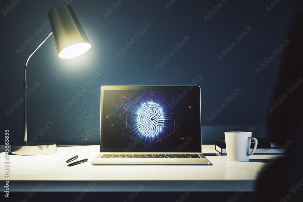 Aufkleber Modern computer screen with creative fingerprint hologram, personal biometric data concept. 3D Rendering