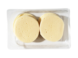 Round cheese slices in disposable plastic packing box. Isolated with clipping path.