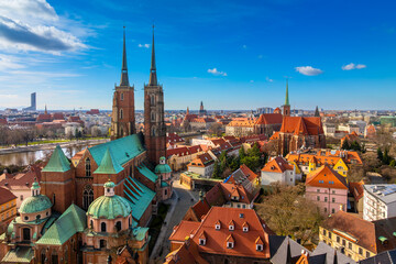 Panoramic view of the Old Town of Wroclaw with St. John's Cathedral and the Odra River. Wroclaw, Poland