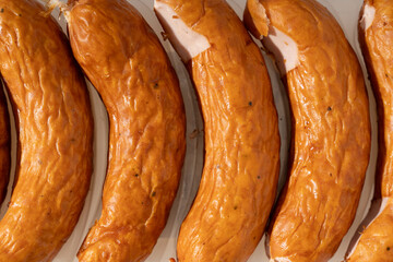 Farmhouse smoked pork sausages. Directly Above.