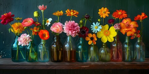 Colorful array of flowers in bottles showcased in a line. Concept Floral Arrangement, Glass Bottles, Colorful Decor, Flower Display, Artistic Composition