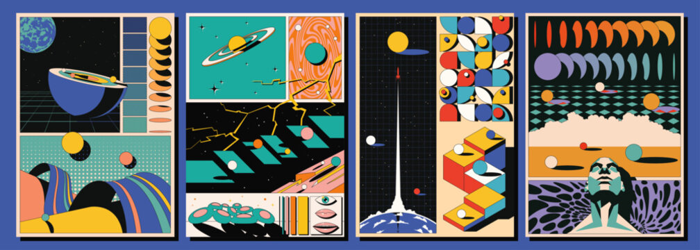  3D Effect Abstract Dimensions Space Posters, Space Rocket, Planets, Geometric Shapes Backgrounds 