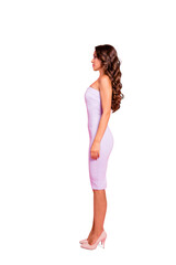 Profile side view, full length body size of nice sweet tender adorable attractive cute gorgeous stylish wavy-haired girl in white cocktail dress, standing straight, isolated over pink background