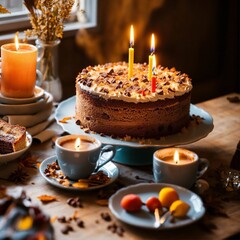 cake with candles and coffee 