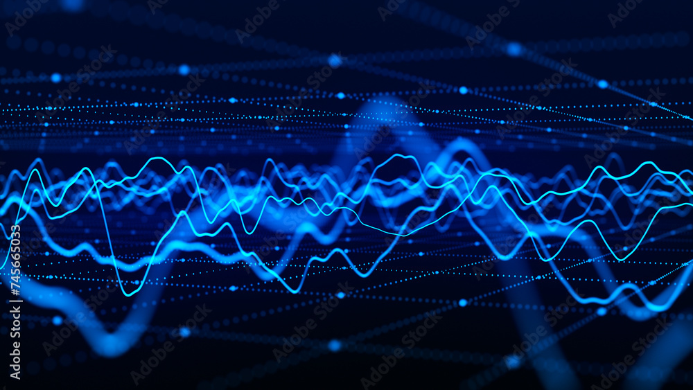 Poster wave of particles. futuristic pattern of dots and lines on a dark background. visualization of sound