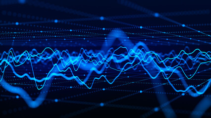 Wave of particles. Futuristic pattern of dots and lines on a dark background. Visualization of sound waves. Big data digital code. Technology or science banner. 3D rendering