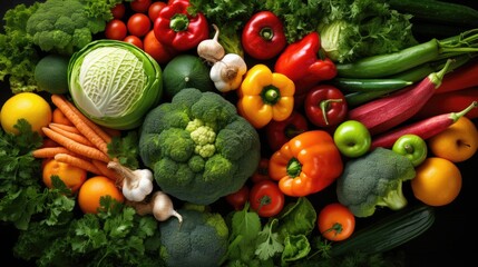 Background of ripe, juicy vegetables, top view. The concept of healthy eating, diet, vegitarianism. A place for text and advertising.