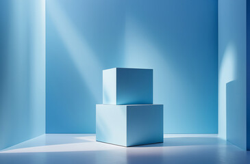Cubes podium in soft pastel blue background with shadows and lights for product presentation.	