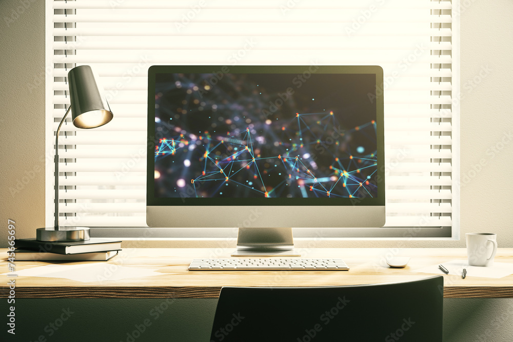 Fototapete creative abstract wireless technology hologram on modern computer monitor, artificial intelligence a