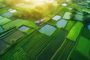green farm with a small house in the middle of it Generative AI.beautiful landscape view from above - Powered by Adobe