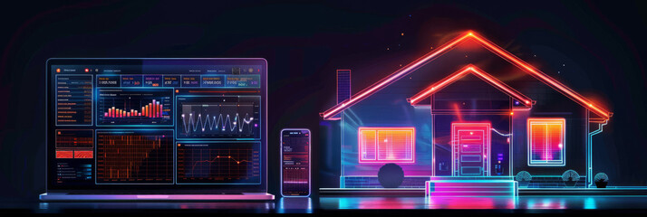 Fototapeta premium Neon Smart Home Control Concept. Futuristic depiction of a neon-lit smart home with glowing gadgets on a dark backdrop.