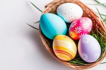 Easter eggs in a basket and on the table, white card, space for text