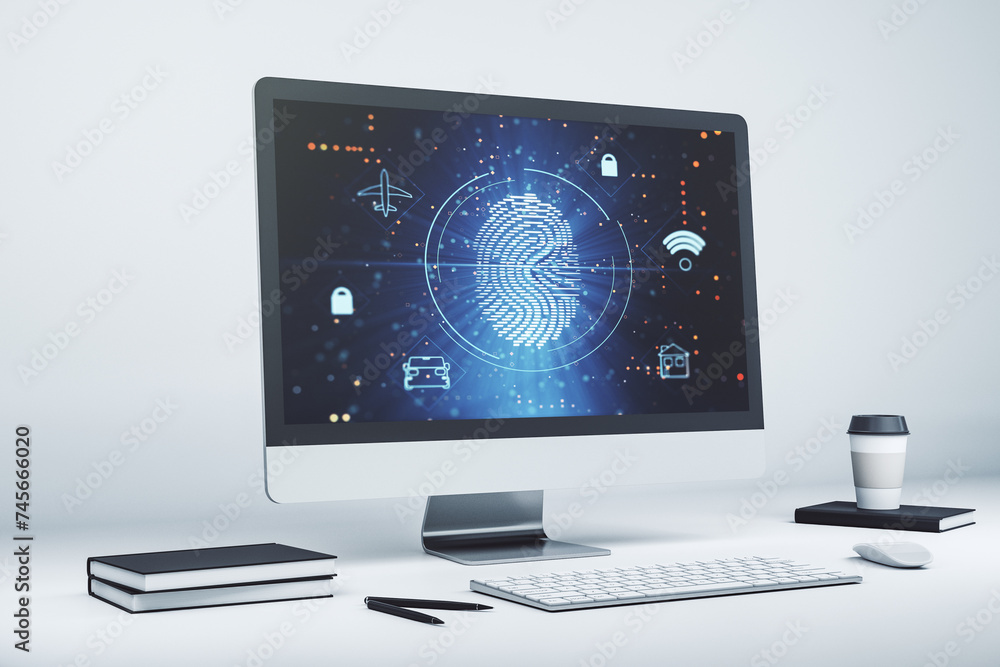 Aufkleber Modern computer monitor with abstract creative fingerprint hologram, research and development concept. 3D Rendering