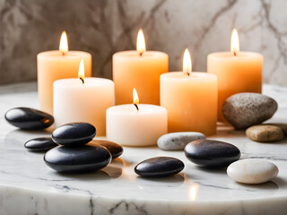 Obraz na płótnie Canvas Spa stones with burning candlesle background. Zen lifestyle.