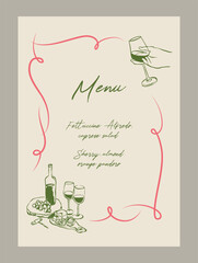 Elegant anniversary dinner menu template. Matisse style food and beverage illustrations.