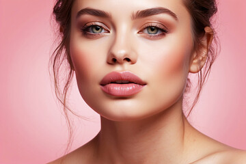 Beauty portrait focusing on a young woman with impeccable skin and rosy makeup tones creating a romantic vibe