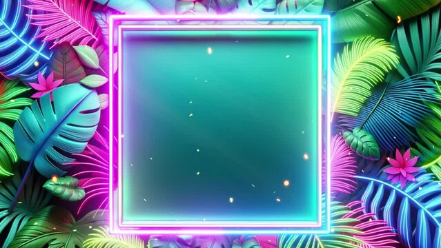 Blue square neon frame on a background of tropical leaves.