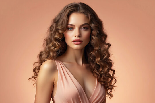 A young woman with voluminous curls and soft makeup is wearing a chic peach dress against a peach background