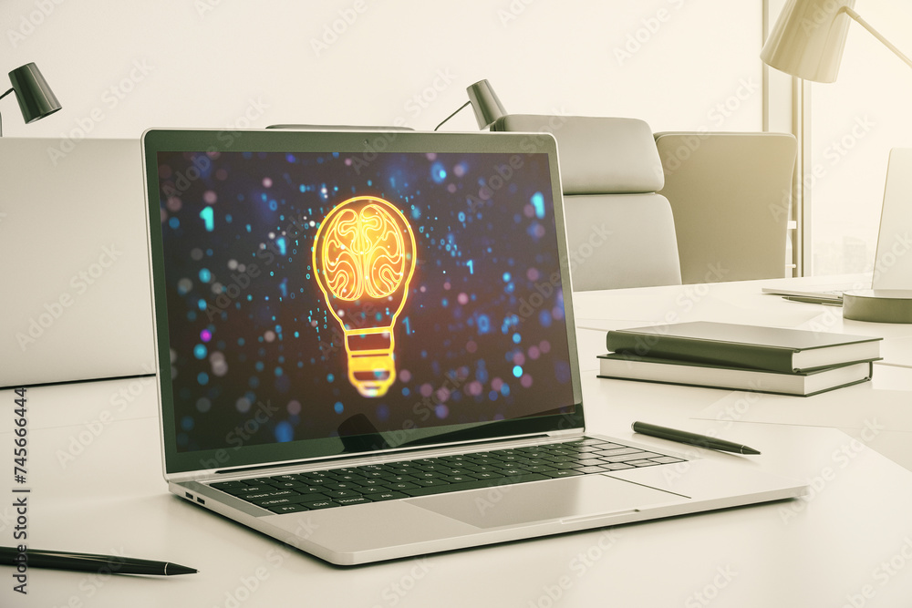 Fototapete creative idea concept with light bulb and human brain illustration on modern laptop screen. neural n